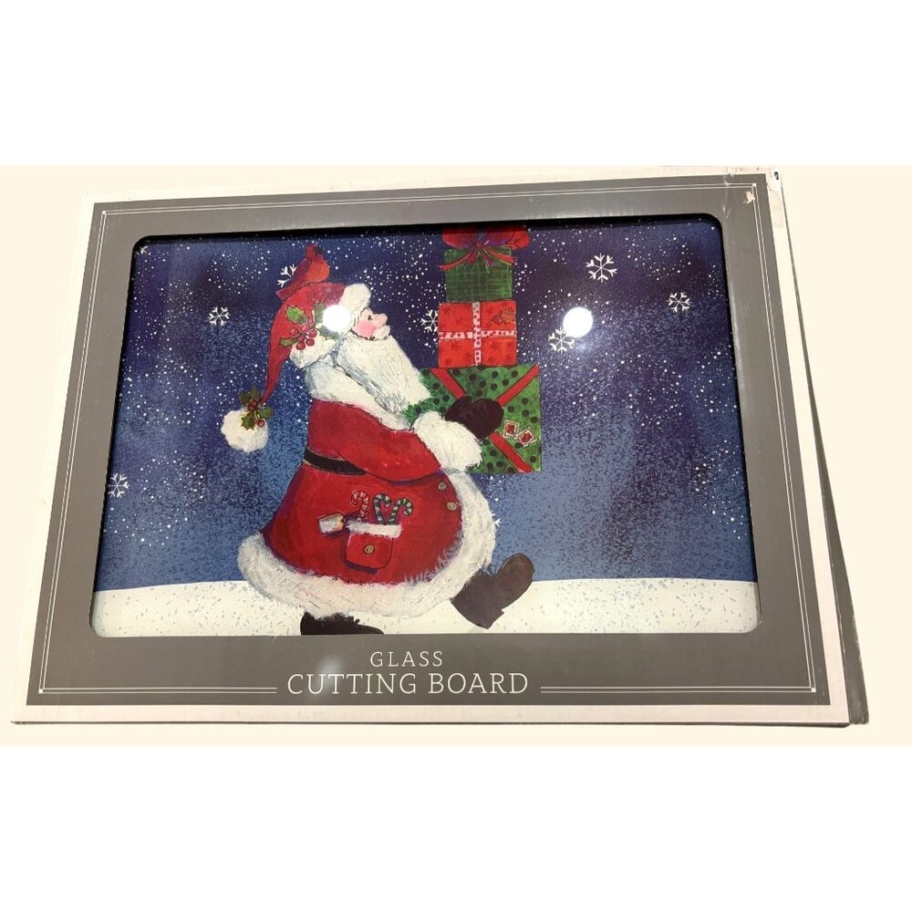 VTG Santa-Themed Glass Cutting Board w Happy Holidays Border 12"x10" Heat/ Scrat